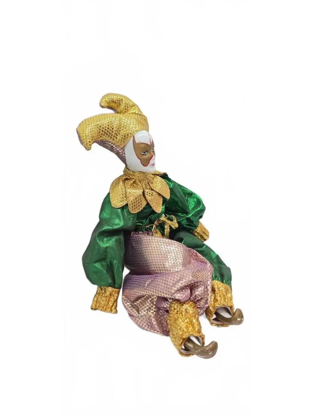 Vintage Harlequin Jester Porcelain Doll with Fabric Costume